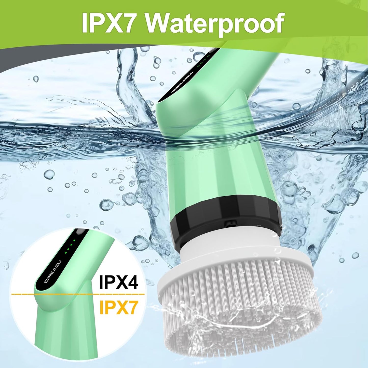 Electric Spin Scrubber, Dreazu IPX7 Shower Scrubber with 7 Replaceable Brush Heads & Retractable Handle, 2-Speed Adjustable Shower Cleaner for Bathroom,Toilet, Bathtub, Kitchen, Tile Floors