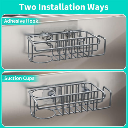 HapiRm 4 in 1 Kitchen Organizers and Storage, SUS304 Stainless Steel Brush Holder + Dish Cloth Hanger + Soap Rack + Sink Stopper Rack, No Drill Kitchen Essentials - Black