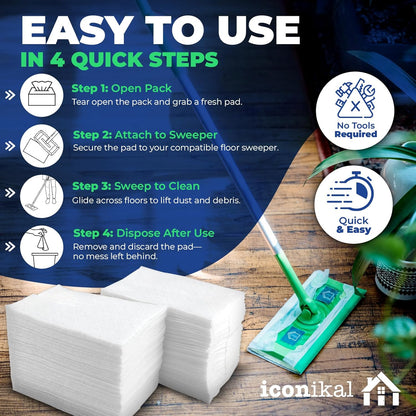 Iconikal Dry Mop Pad Refills (90-Pack) | Fits Swiffer Dry Sweeping Cloths for Dirt, Dust, Hair | Use for Swiffer Pads Refill | Unscented, Disposable Mop Pads for Sweeping, Mopping, Dusting, 11.5" x 8"