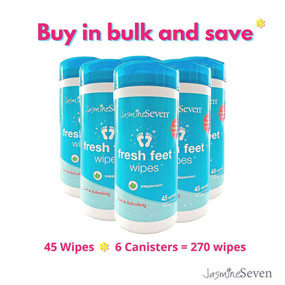 Jasmine Seven Fresh Feet Wipes - Peppermint - 45 Count Resealable Canister (Natural Foot and Body Wet Wipes)