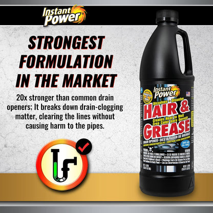 Instant Power Hair and Grease Drain Cleaner - Shower Drain & Sink Cleaner, Liquid Clog Remover, Made in USA, Sink Deodorizer - 1 Liter (Pack of 2)