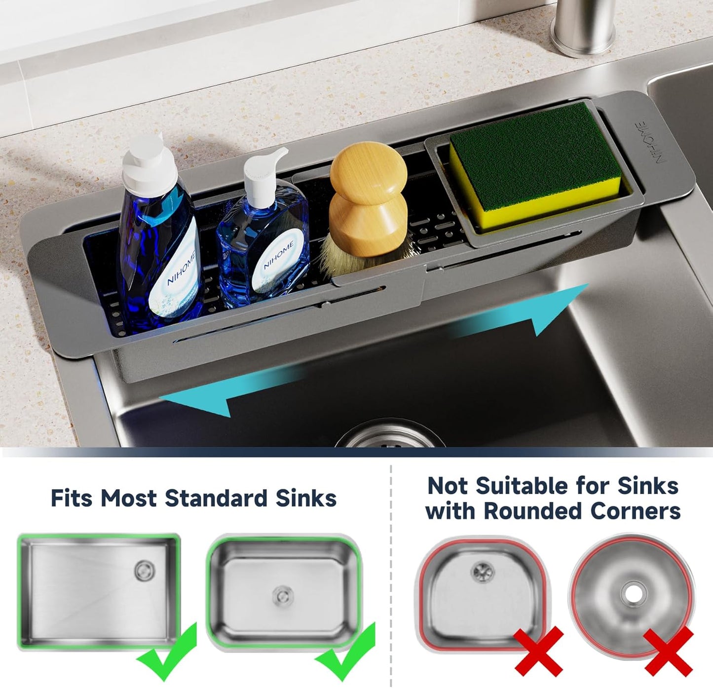 NiHome Extendable Over Sink Kitchen Organizer, Small Telescopic Brush Storage Rack for Sponge, Non-Slip Pads Expandable Sink Caddy, Adjustable Sponge/Brush Rack with Drainage Durable ABS (Black)