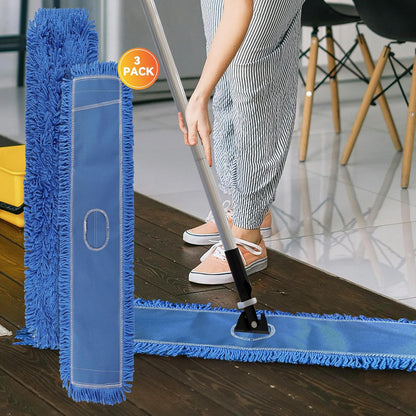 3 Pack 24 Inch Microfiber Dust Mop Head, Medium Washable Commercial Sweeper and Janitorial, Blue