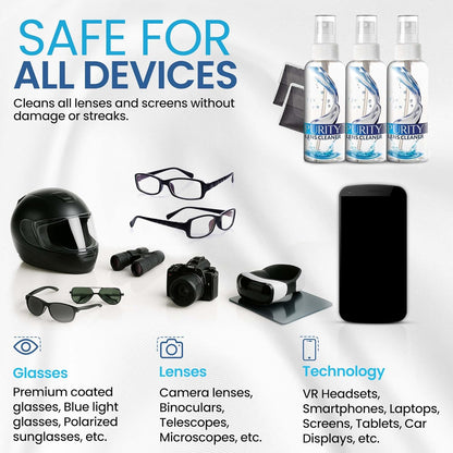 Purity Eyeglass Lens Cleaner Kit - 2 x 8oz and 1 x 2oz Lens Cleaner Spray Bottle + 2 Microfiber Cleaning Cloths - Safe for All Lenses (AR Coated Included), Eyeglasses and Screens - Clear