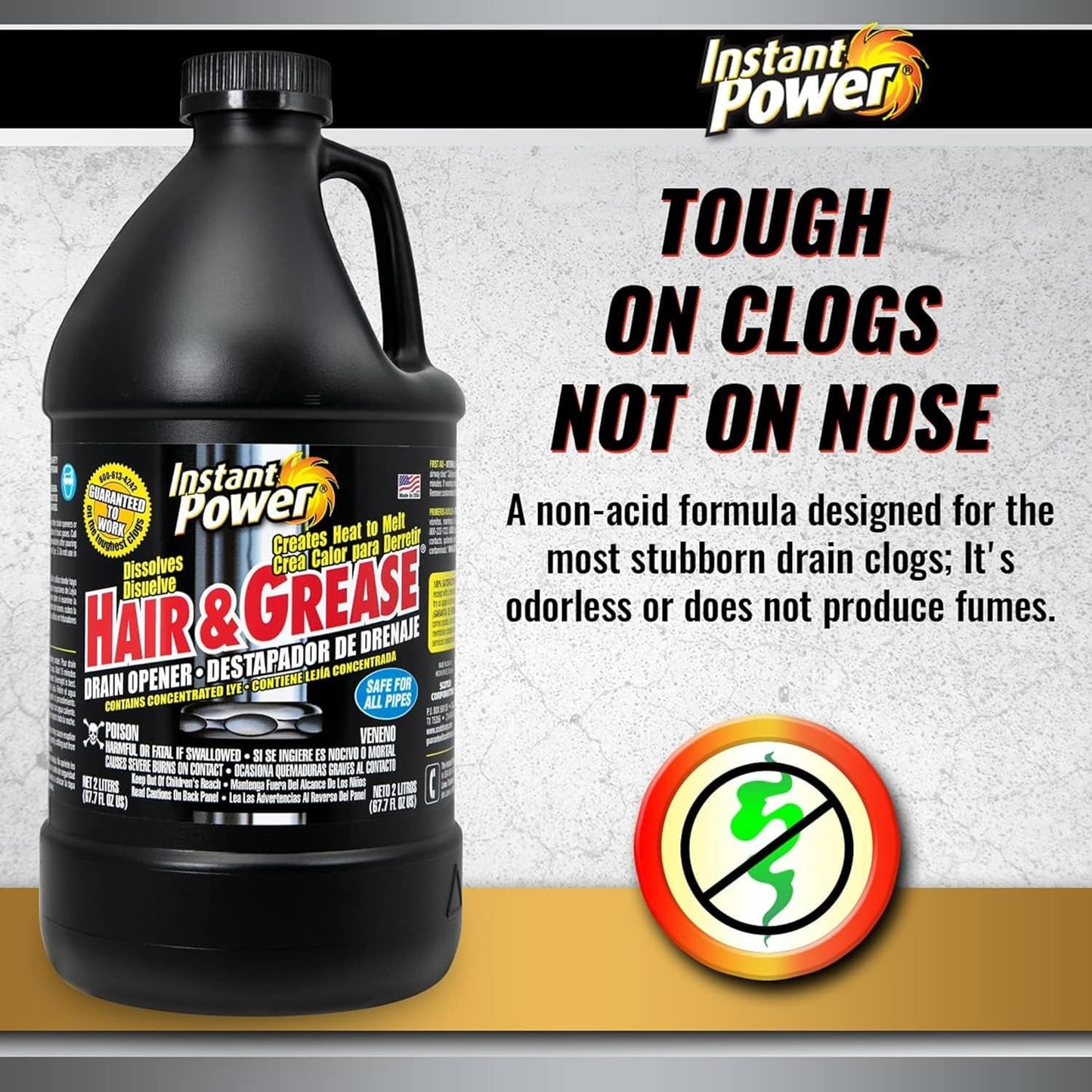 Instant Power Hair and Grease Drain Cleaner - Shower Drain & Sink Cleaner, Liquid Clog Remover, Made in USA, Sink Deodorizer - 1 Liter (Pack of 2)