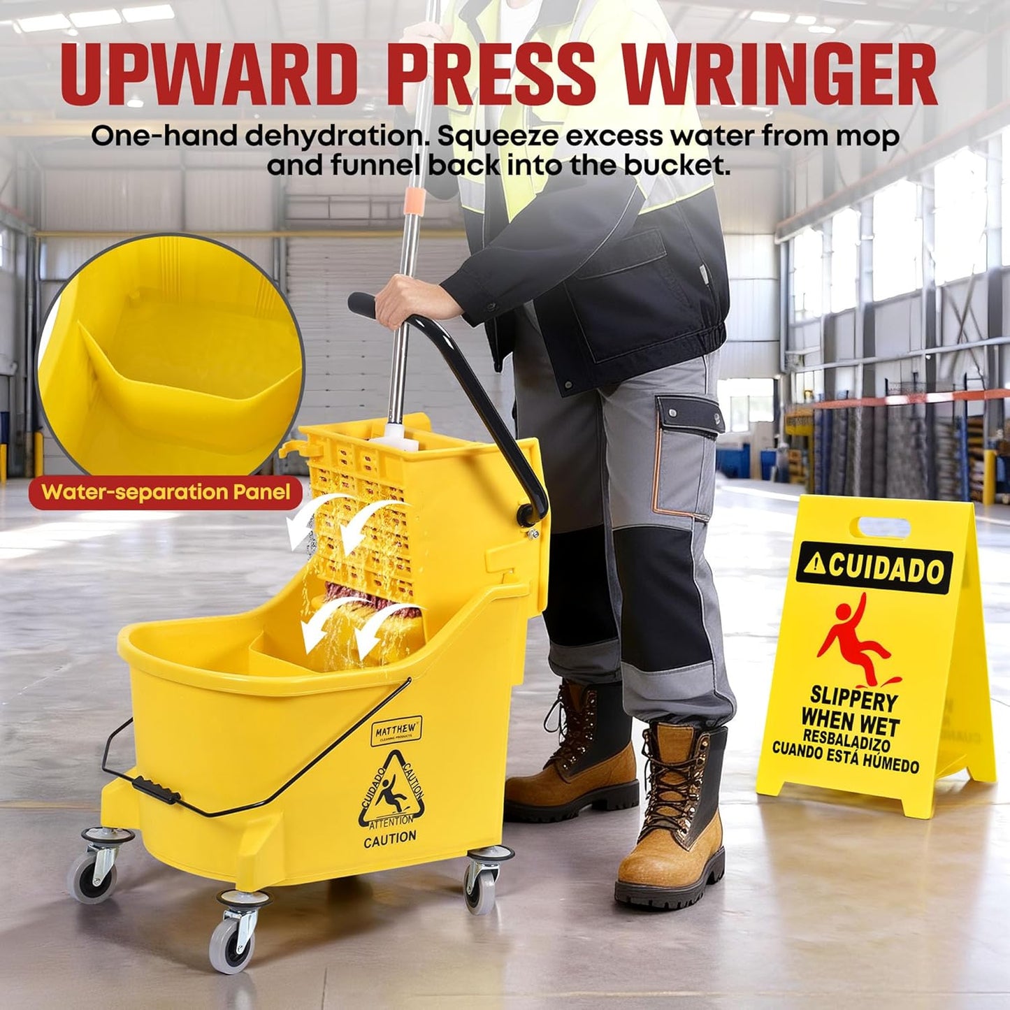 Matthew Cleaning 34 Quart Commercial Mop Bucket INCL.Wet String Mop with Side Press Wringer On Wheels,Heavy Duty Tandem Portable Floor Cleaning Wavebrake,Ideal for Household,Industrial,Restaurant