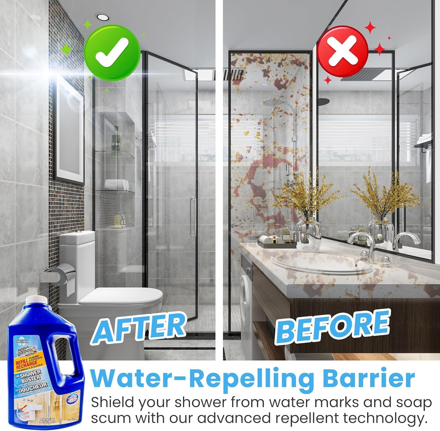 SURF PRO Shower Glass Door Cleaner – Shower Buster Spray for Soap Scum & Hard Water Stains – No Scrub Bathroom Cleaner for Glass, Tile, Chrome, Ceramic, RV and Septic Safe (500ml / 16.9oz)