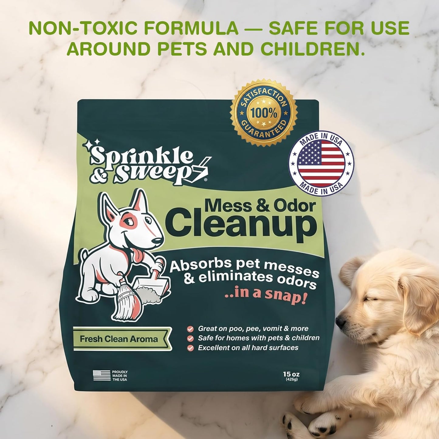 Sprinkle & Sweep: Pet Mess & Odor Cleanup - 15oz Bag - Dog Accident & Mess Clumping Powder, Remove Pee-Poop-Vomit from Hard Surfaces, Ultra-Absorbent