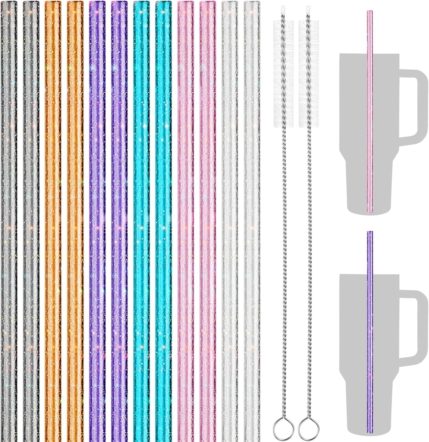 NiHome 12-Pack Glitter Replacement Straws for Stanley Tumbler 40OZ & 2 Cleaning Brushes Set, 12" Length BPA-Free Durable PETG Material for Various Beverages & Cups, Adds Sparkle to Your Drinks (Clear)