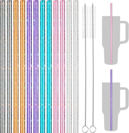NiHome 12-Pack Glitter Replacement Straws for Stanley Tumbler 40OZ & 2 Cleaning Brushes Set, 12" Length BPA-Free Durable PETG Material for Various Beverages & Cups, Adds Sparkle to Your Drinks (Clear)