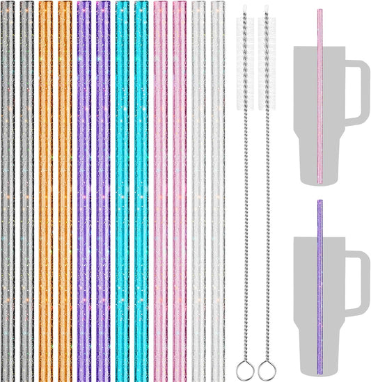 NiHome 12-Pack Glitter Replacement Straws for Stanley Tumbler 40OZ & 2 Cleaning Brushes Set, 12" Length BPA-Free Durable PETG Material for Various Beverages & Cups, Adds Sparkle to Your Drinks (Clear)