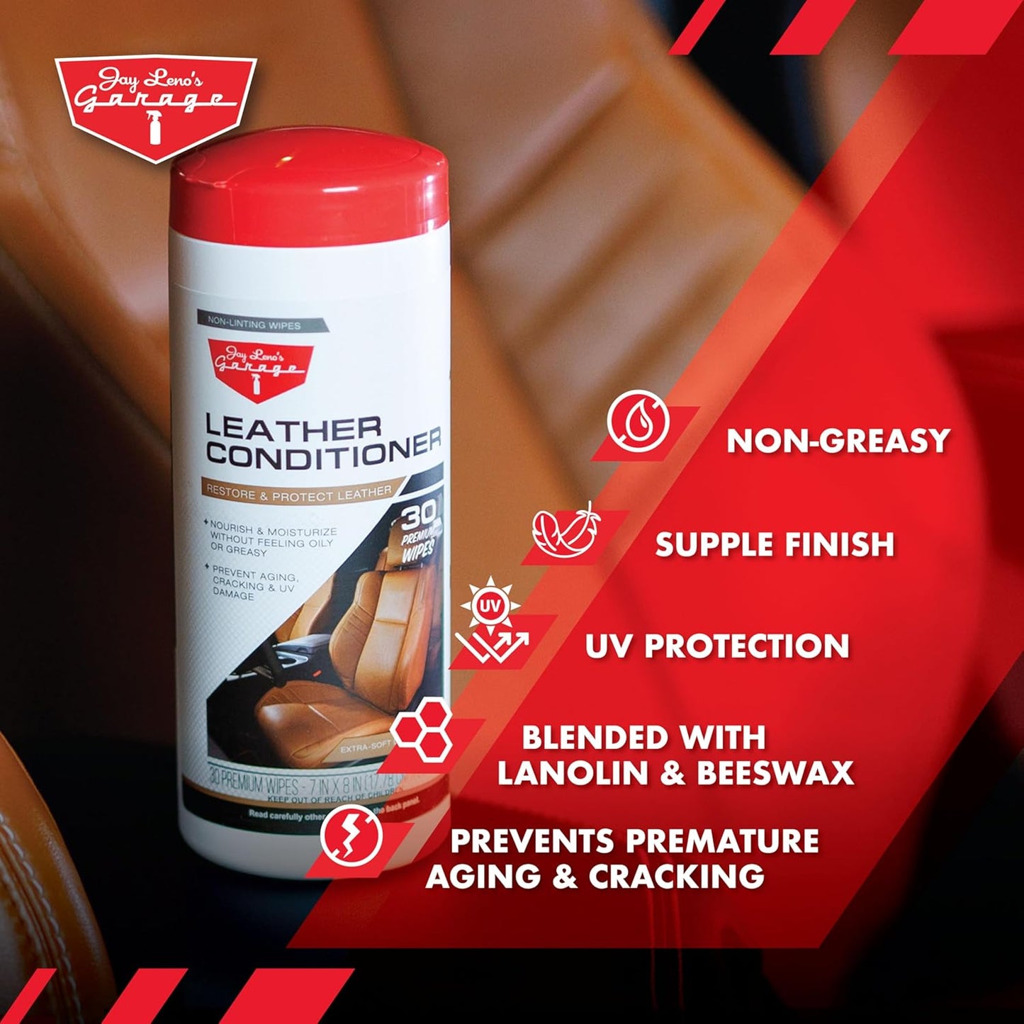 Jay Leno’s Garage Leather Conditioner Wipes for Car Interior Disposable for Upholstery Steering Wheels and Dashboards Nourishes Protects and Restores with UV Protection 30 Count (30 Count (Pack of 1))
