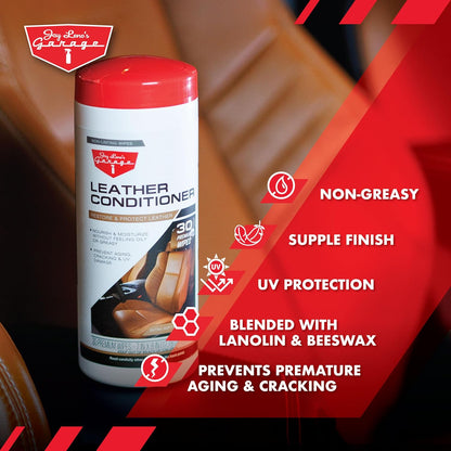 Jay Leno’s Garage Leather Conditioner Wipes for Car Interior Disposable for Upholstery Steering Wheels and Dashboards Nourishes Protects and Restores with UV Protection 30 Count (30 Count (Pack of 1))