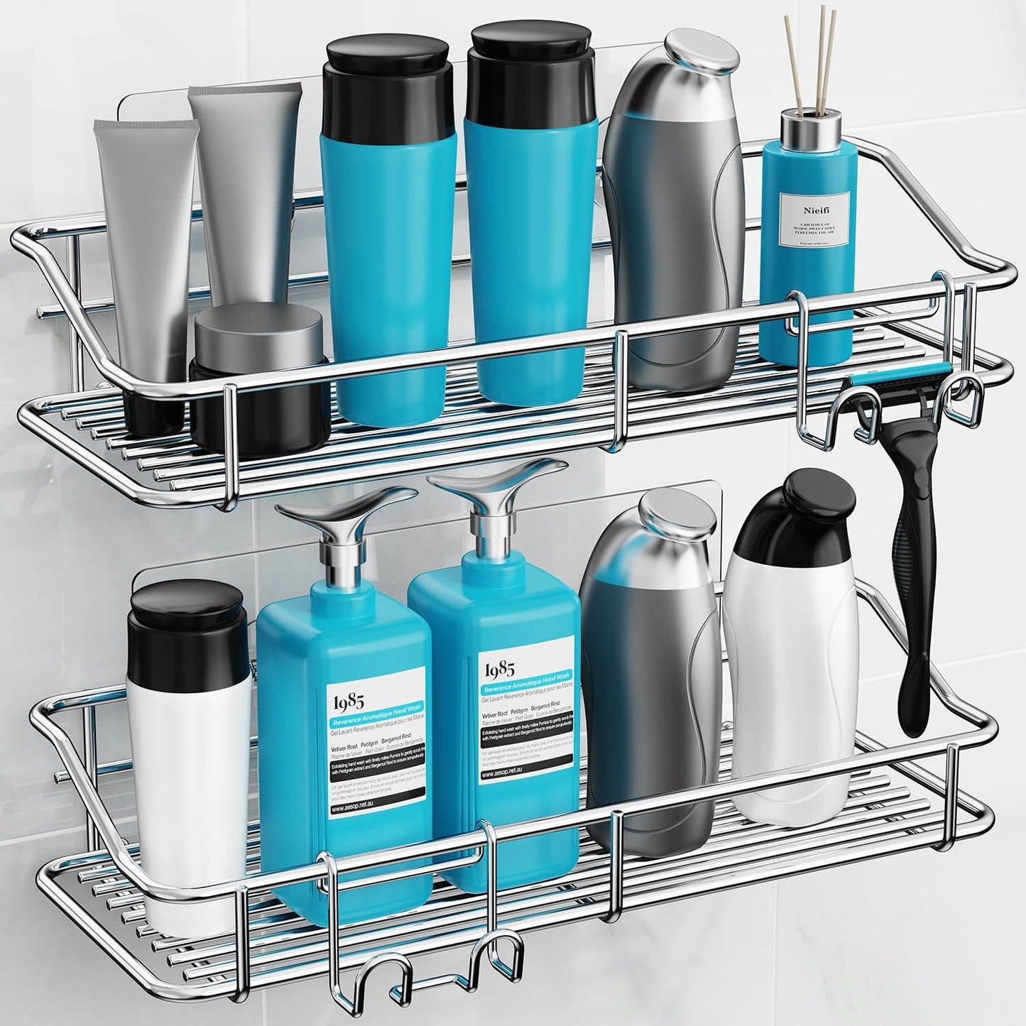Nieifi Shower Caddy Shelf Storage Rack Adhesive Without Drilling Stainless Steel with Hooks for Washroom, Lavatory, Restroom, Toilet, Bathroom, Kitchen - 2 Pack