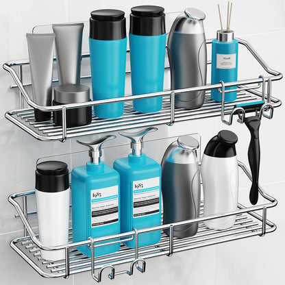 Nieifi Shower Caddy Shelf Storage Rack Adhesive Without Drilling Stainless Steel with Hooks for Washroom, Lavatory, Restroom, Toilet, Bathroom, Kitchen - 2 Pack