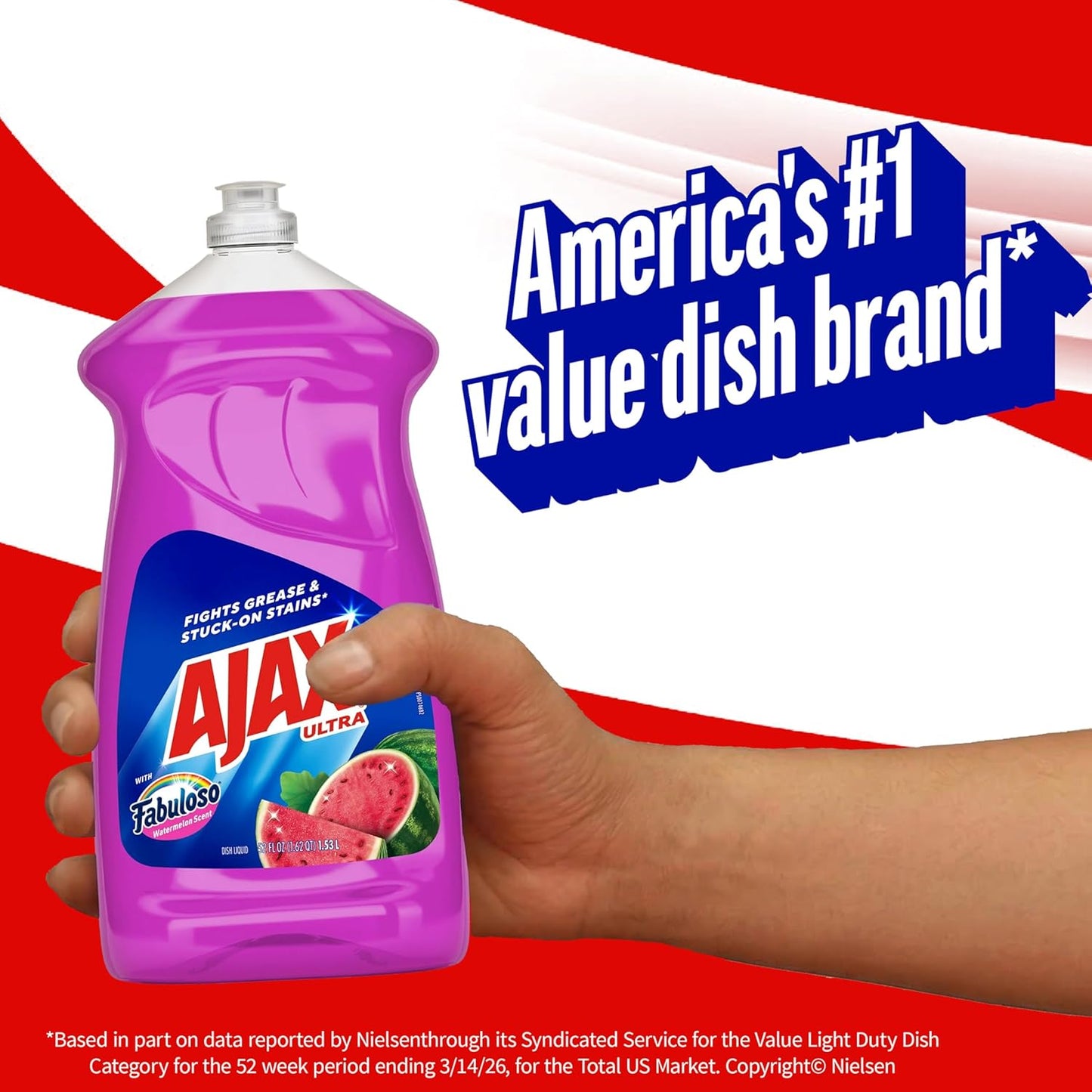 Ajax Ultra Liquid Dish Soap with Fabuloso Watermelon Scent, Fights Grease and Stuck-On Stains, Deep Cleaning Action, Mess-Free, Easy-Flip Cap, 52 fl oz Bottle
