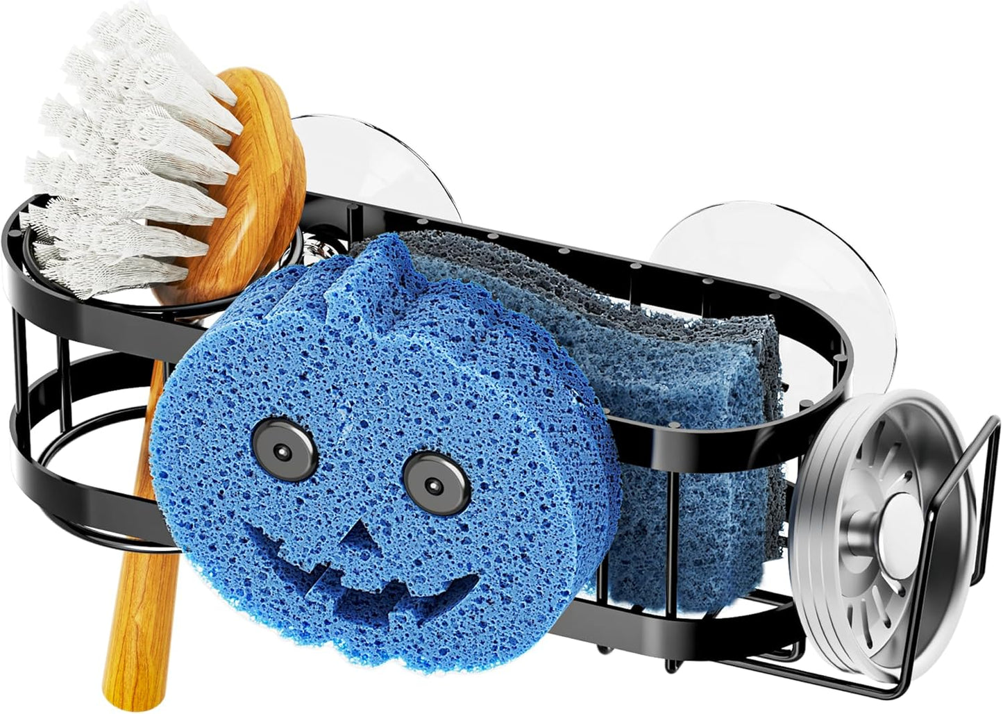 Cisily Kitchen Sink Caddy Sponge Holder in The Sink, Stainless Steel Kitchen Sink Organizer, Brush Holder, Dish Cloth Hanger, Sink Stopper Holder (Suction cup-Black)