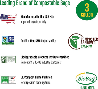 3 Gallon Compostable Food Scrap Bags by BioBag, 100 Count, BPI Certified, Meets ASTM D6400 Standards, Made in USA, Kitchen Trash Bin Liners