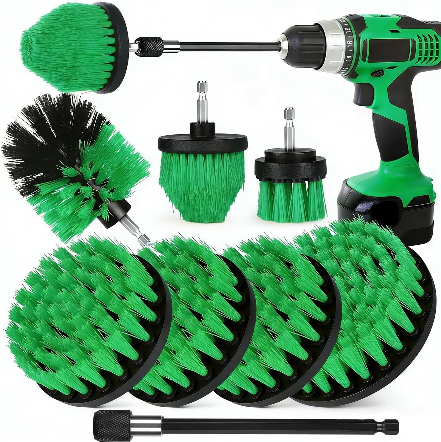 8 Pack Drill Brush Attachment Set,1/4in Power Scrubber Brush + Extend Long Rod, Power Cleaning Scrub Brush for Bathroom, Tub, Tile, Floor, Grout, Boat(White)