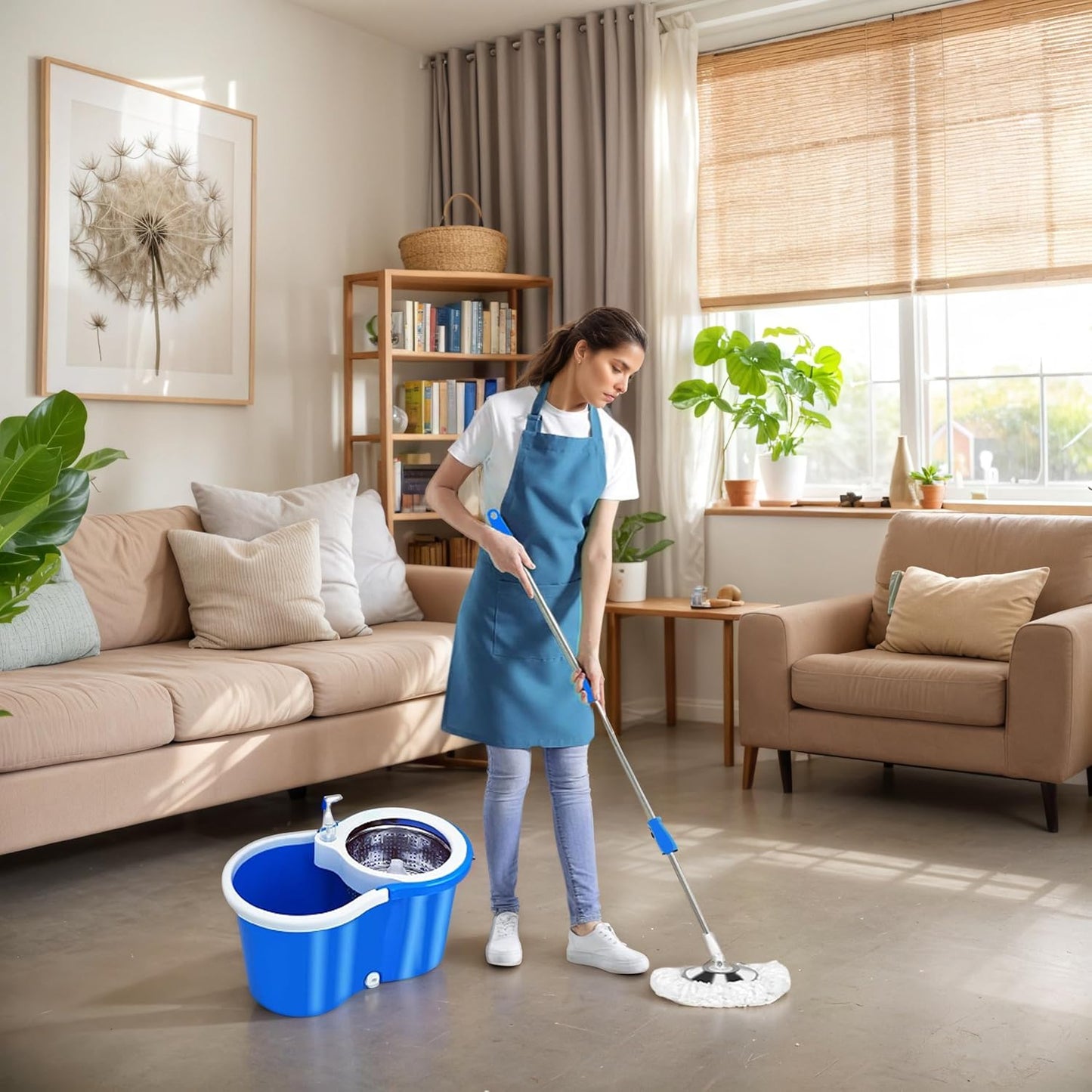 Spin Mop and Bucket with Wringer Set,for Floor Cleaning,with Floor Scrub Brush,61" Adjustable Handle and 6 Microfiber Mop Head(White)