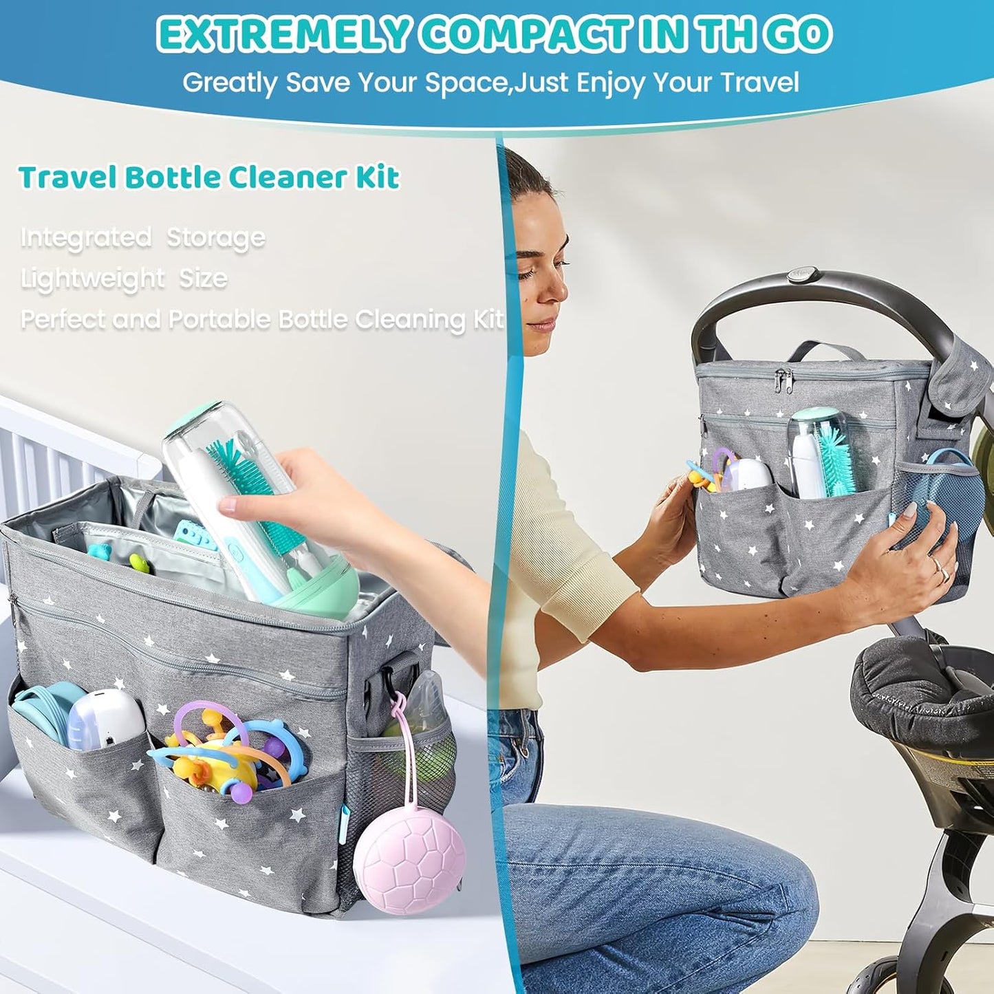 IvyWind Electric Travel Baby Bottle Brush Set with Storage Box, Automatic Bottle Cleaner Brush Kit with Silicone Bottle/Nipple/Straw Brush, Milk Frother Electric and Drainage Rack, Rechargeable, Gray