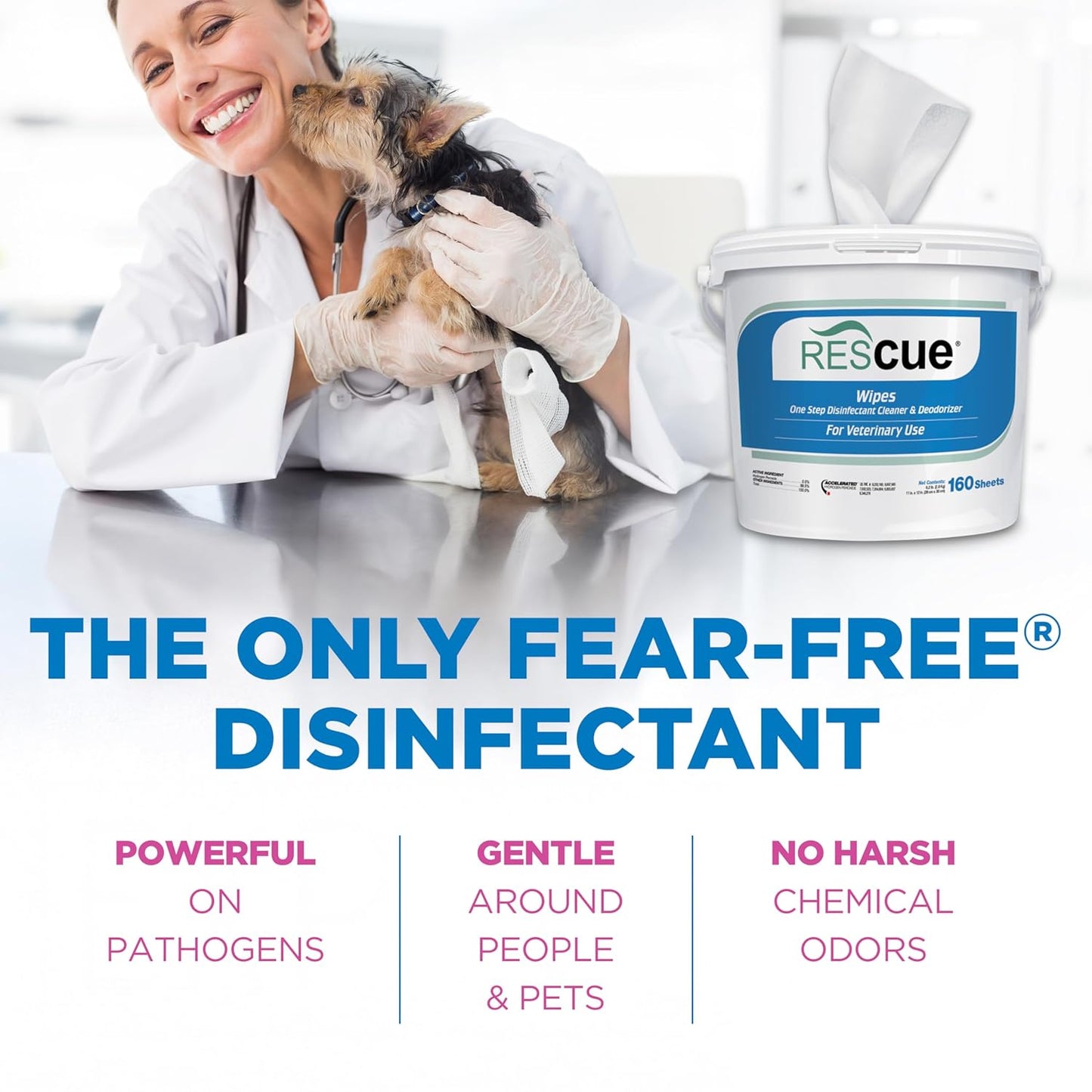 REScue One-Step Disinfectant Cleaner & Deodorizer Wipes for Vet Use – Cleaner for Kennels, Litter Boxes, Vet Offices, Pet Grooming Surfaces, Pet Items – Wipes Canister, 160-Count (Pack of 1)