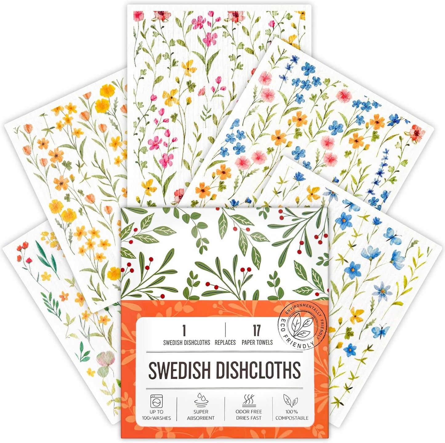 Swedish Dishcloths for Kitchen, Swedish Dish Cloths 5 Pack, Super Absorbent Reusable Paper Towels Washable, Biodegradable, Quick Drying, Dishwasher Safe