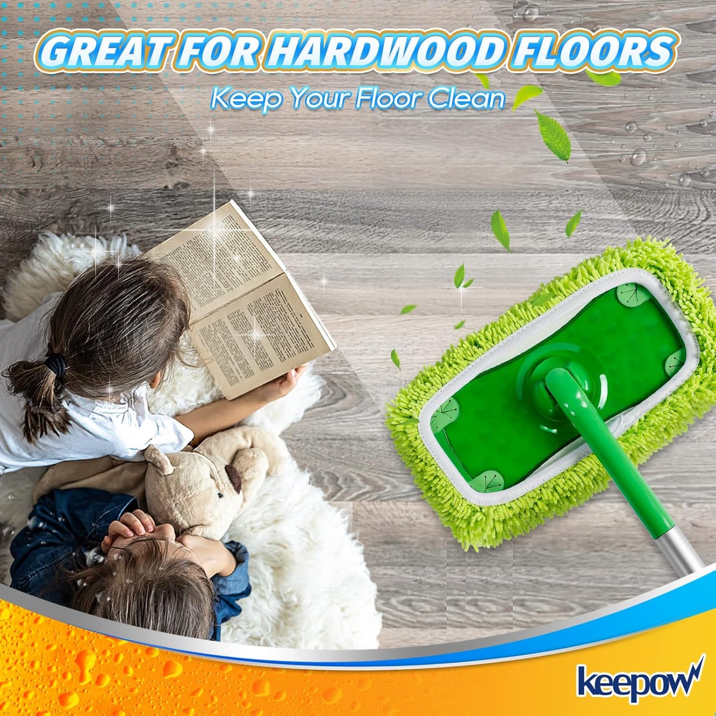 KEEPOW Reusable Microfiber Mop Pads Compatible with Swiffer Sweeper, Dry Sweeping Cloths, Washable Wet Mopping Cloth Refills for Hardwood Floor Cleaning, 6 Pack