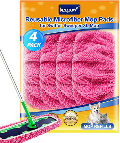 KEEPOW Reusable XL Mop Pads Compatible with Swiffer XL Sweeper, X-Large Dry Sweeping Cloths, Wet Mopping Cloths, Washable Microfiber XL Wet Pads Refills for Surface/Hardwood Floor Cleaning, 4 Pack