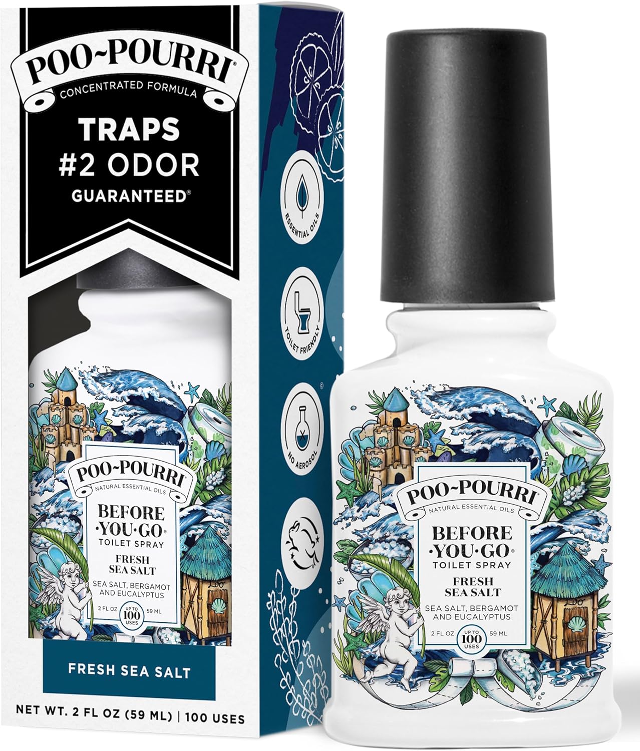 Poo-Pourri Before-You-Go Toilet Spray, Fresh Sea Salt, 4 Fl Oz, Up to 200 Uses, Bathroom Odor Deodorizer, Plant-Based with Essential Oils, for Home or Work, Sea Salt, Bergamot & Eucalyptus Scent