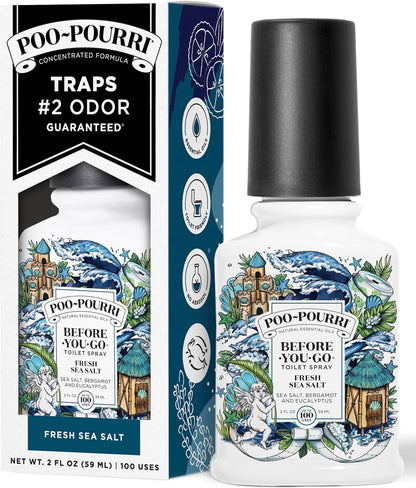 Poo-Pourri Before-You-Go Toilet Spray, Fresh Sea Salt, 4 Fl Oz, Up to 200 Uses, Bathroom Odor Deodorizer, Plant-Based with Essential Oils, for Home or Work, Sea Salt, Bergamot & Eucalyptus Scent