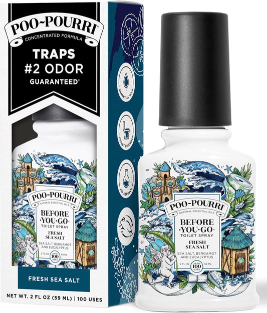 Poo-Pourri Before-You-Go Toilet Spray, Fresh Sea Salt, 4 Fl Oz, Up to 200 Uses, Bathroom Odor Deodorizer, Plant-Based with Essential Oils, for Home or Work, Sea Salt, Bergamot & Eucalyptus Scent
