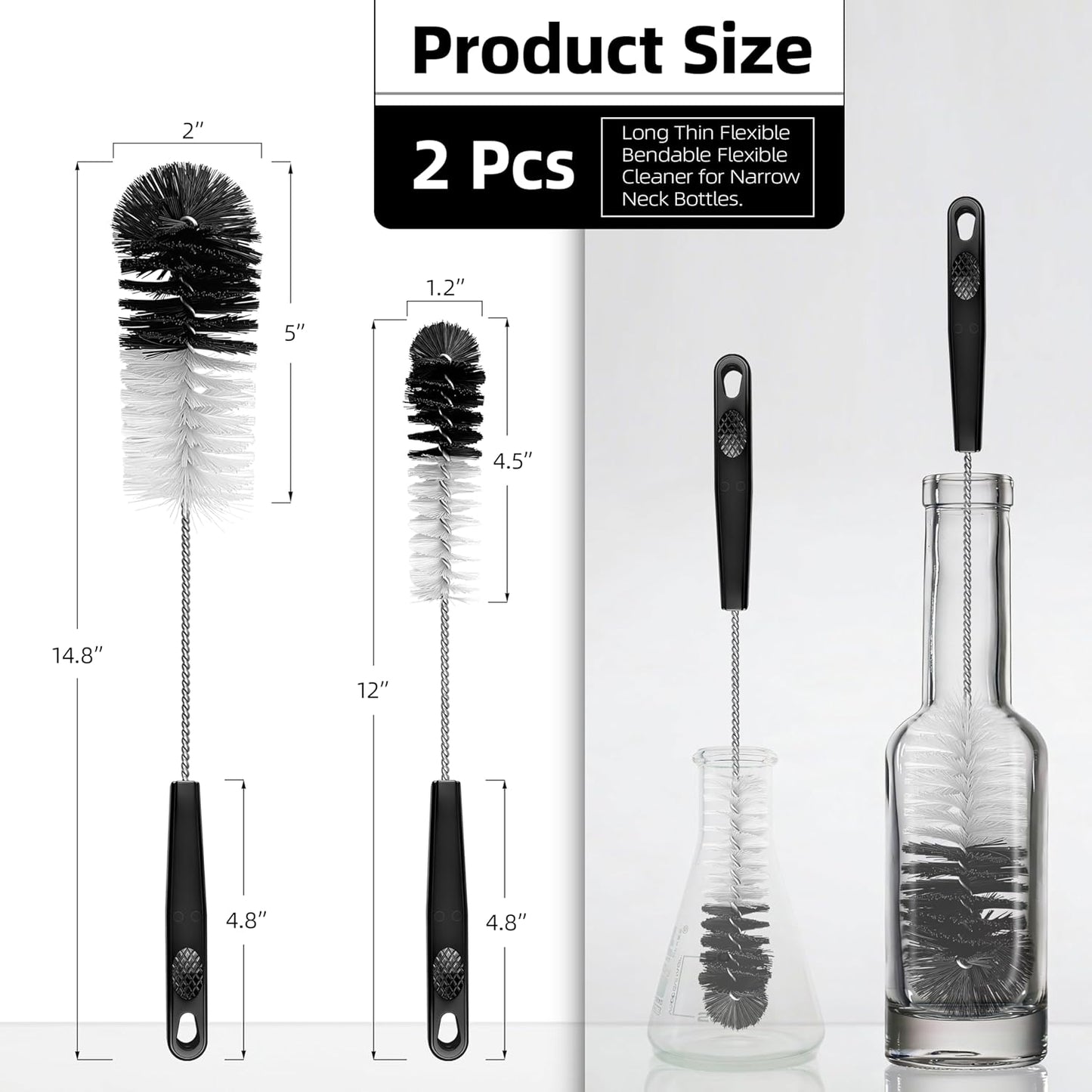 2 Pcs Bottle Brushes Set, Long Thin Flexible Bendable Flexible Cleaner for Narrow Neck Bottles, Water/Wine/Beer/Baby Bottles, Pipes, Tubes, Hoses, Teapots - Bendable & Dishwasher Safe