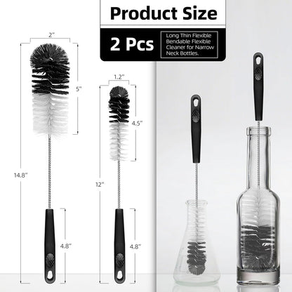 2 Pcs Bottle Brushes Set, Long Thin Flexible Bendable Flexible Cleaner for Narrow Neck Bottles, Water/Wine/Beer/Baby Bottles, Pipes, Tubes, Hoses, Teapots - Bendable & Dishwasher Safe