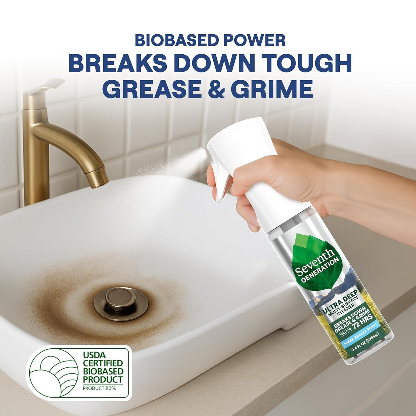 Seventh Generation Ultra Deep Probiotic Multi Surface Cleaner, 9.4 Fl Oz, Fresh Breeze, 80% USDA Biobased All Purpose Cleaning Spray, Breaks Down Tough Grease & Grime, Safe for Kids & Pets