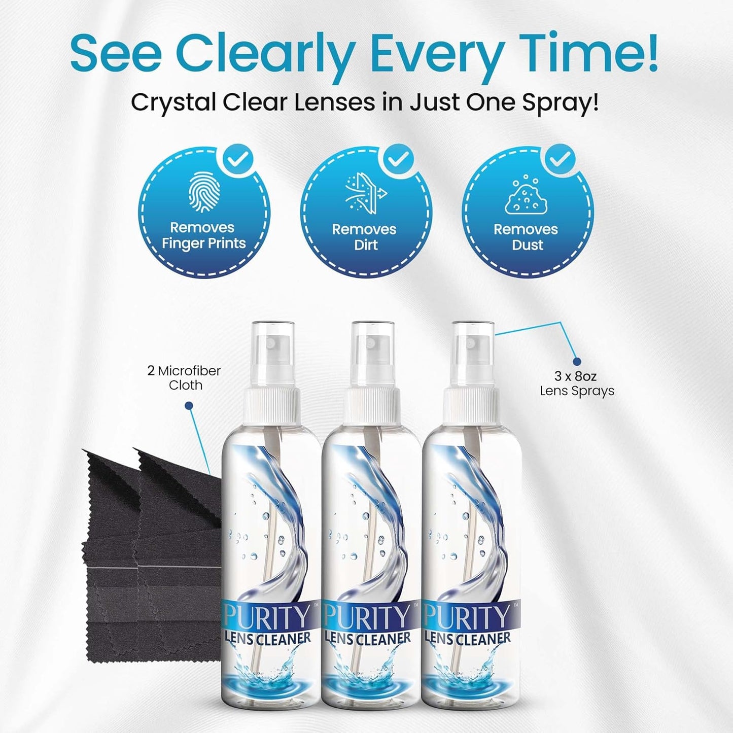 Purity Eyeglass Lens Cleaner Kit - 2 x 8oz and 1 x 2oz Lens Cleaner Spray Bottle + 2 Microfiber Cleaning Cloths - Safe for All Lenses (AR Coated Included), Eyeglasses and Screens - Clear