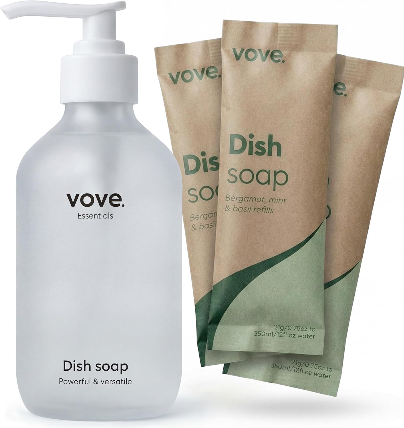 Vove Dish Soap Refills 3-Pack, Bergamot Mint & Basil, Powder-to-Gel Dishwashing Liquid Refill, Plant-Based Concentrated Formula, Grease-Cutting Power, Plastic-Free Compostable Packaging, Essential oil