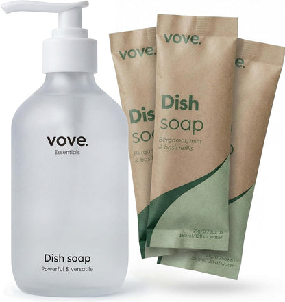 Vove Dish Soap Refills 3-Pack, Bergamot Mint & Basil, Powder-to-Gel Dishwashing Liquid Refill, Plant-Based Concentrated Formula, Grease-Cutting Power, Plastic-Free Compostable Packaging, Essential oil