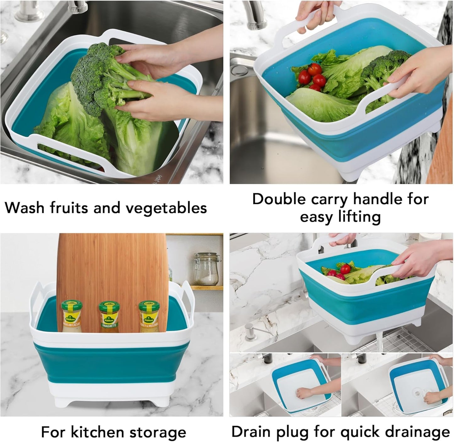 2 Pack Dishpan for Washing Dishes, 2.4Gal/9L Wash Basin with Draining Plug Carry Handles, Collapsible Bucket for Cleaning, Portable Sink, Foldable Plastic Tub