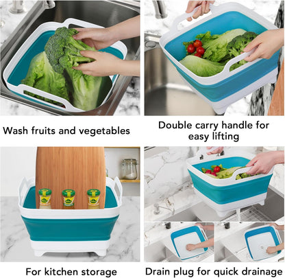 2 Pack Dishpan for Washing Dishes, 2.4Gal/9L Wash Basin with Draining Plug Carry Handles, Collapsible Bucket for Cleaning, Portable Sink, Foldable Plastic Tub