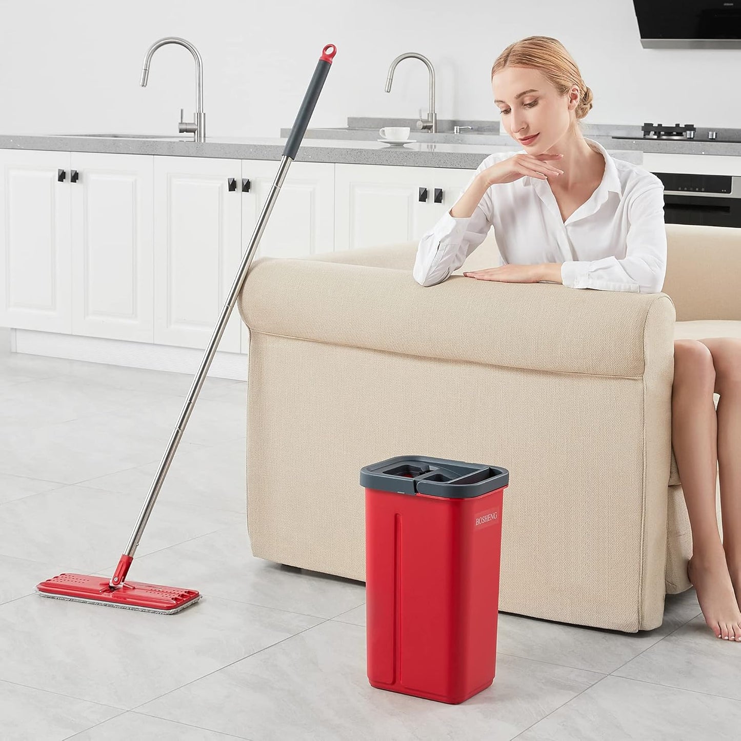 BOSHENG Mop and Bucket with Wringer Set, Flat Floor Mop and Bucket, with 3 Microfiber Mops for Floor Cleaning, Wet and Dry Use for Household Cleaning - White