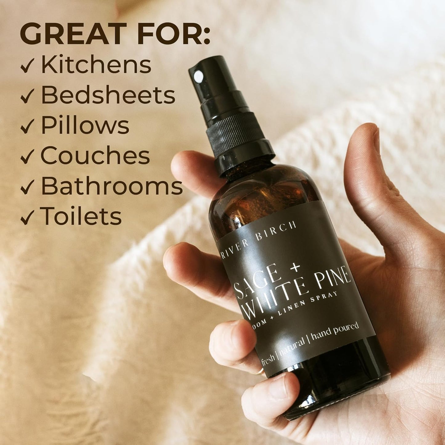 River Birch Luxury Linen and Room Spray - Home Signature Scent Balsam and Cedar Room Fragrance Spray - Fragrant Fresh Linen Air Freshener For Bedding - Handmade in Texas - 4 oz Glass Amber Bottle