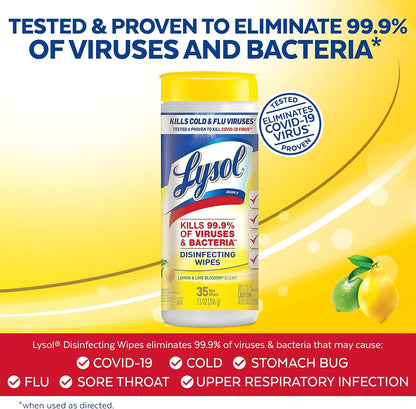 Lysol Disinfectant Wipes, Multi-Surface Antibacterial Cleaning Wipes, Dorm Room Essentials For Disinfecting and Cleaning, Lemon and Lime Blossom, 35 Count (Pack of 3)
