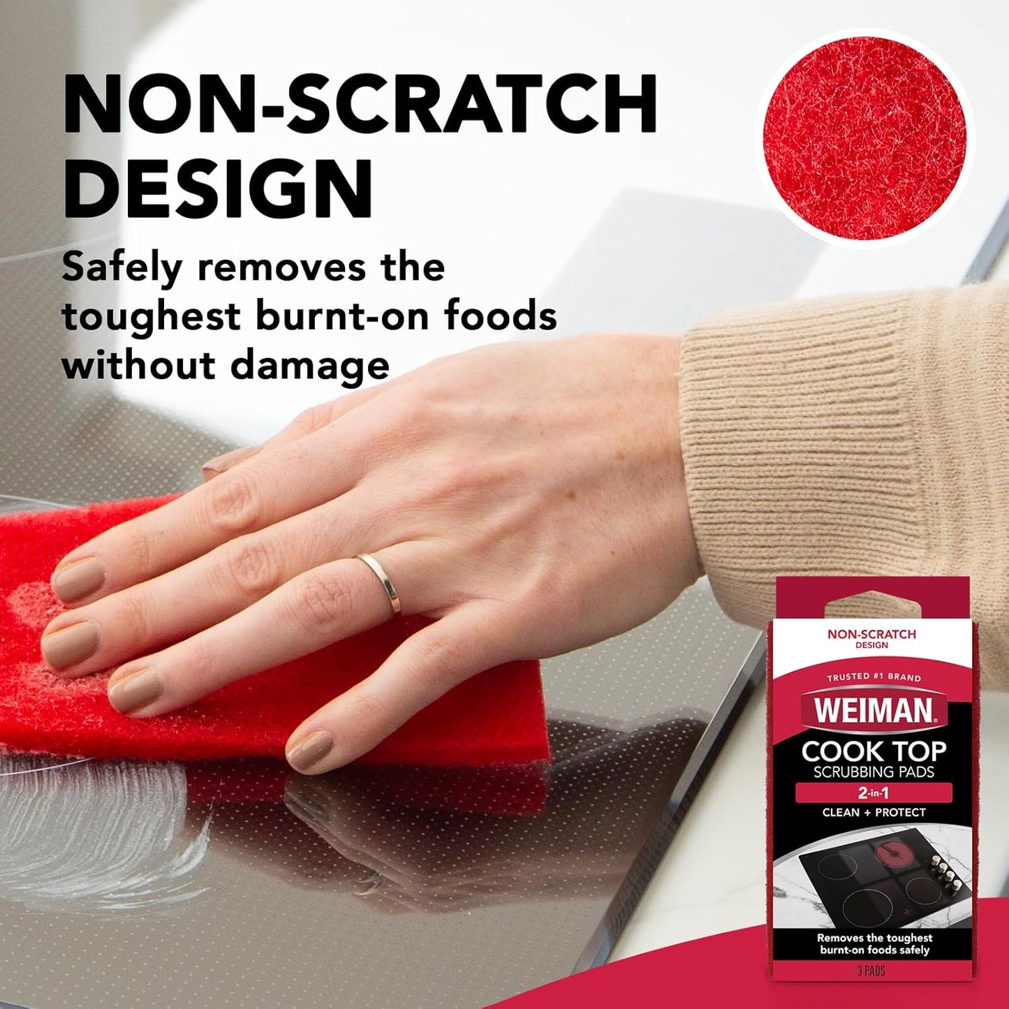 Weiman Cooktop Scrubbing Pads, 3 Count Scratch-Free Cleaning Pads for Cermaic, Glass Cooktop Surfaces, Removes Tough Burned-On Food & Residue