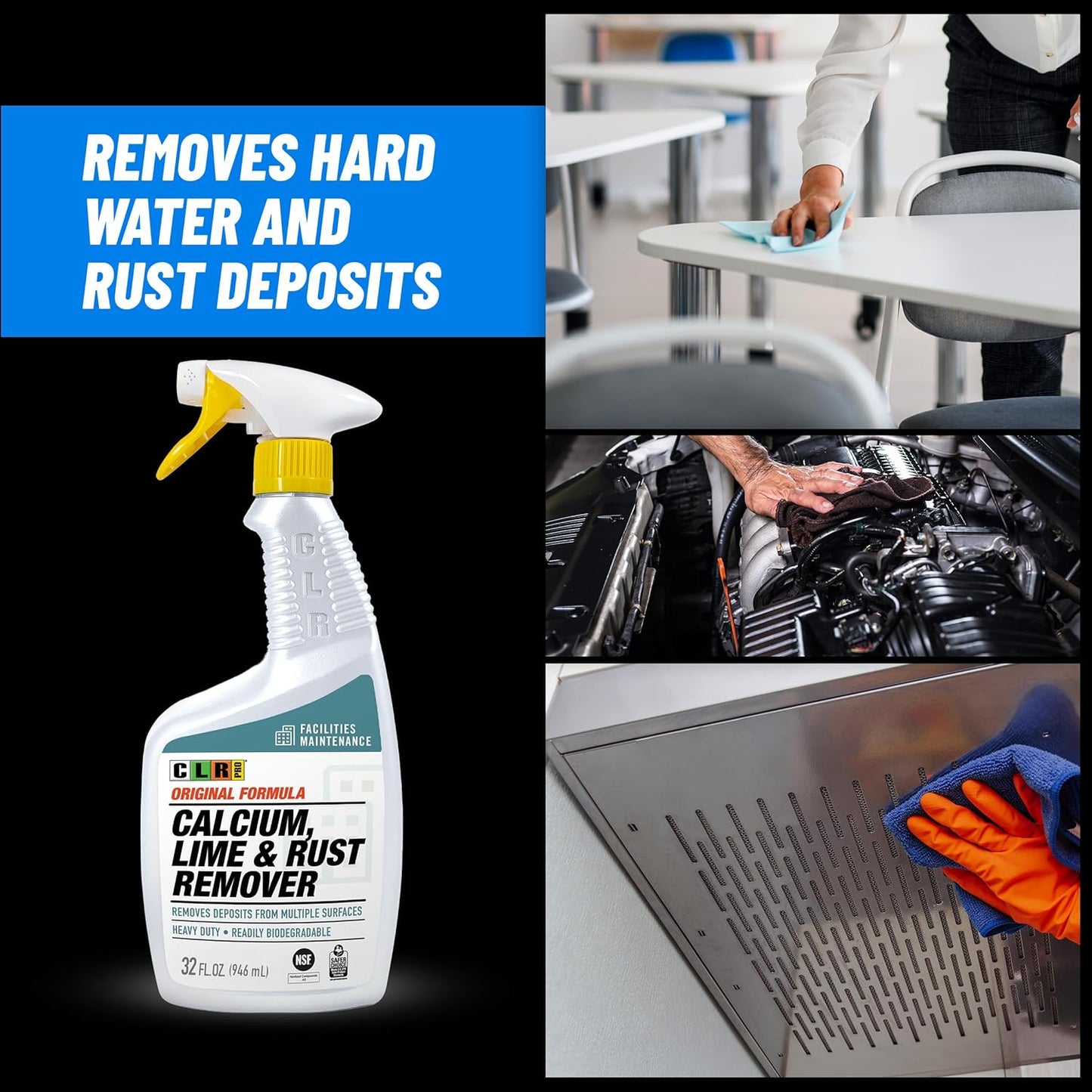 CLR PRO Calcium, Lime & Rust Remover - Quickly Removes Calcium, Lime, Hard Water Deposits and Surface Rust Stains, 32 Ounce Spray (Pack of 2)