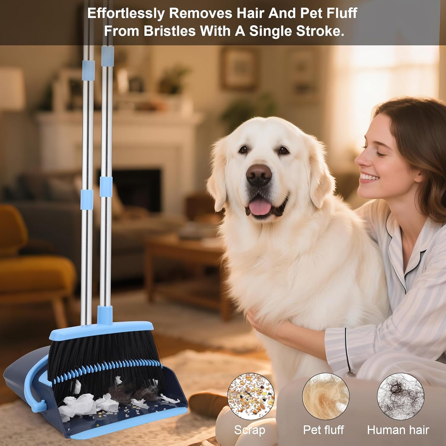 Broom and Dustpan Set for Home 2026 Indoor Outdoor Broom with Dustpan Combo Set Upright Dust Pans with Long Handle Angle Broom for Kids Garden Pet Hair Lobby Wood Floor Kitchen