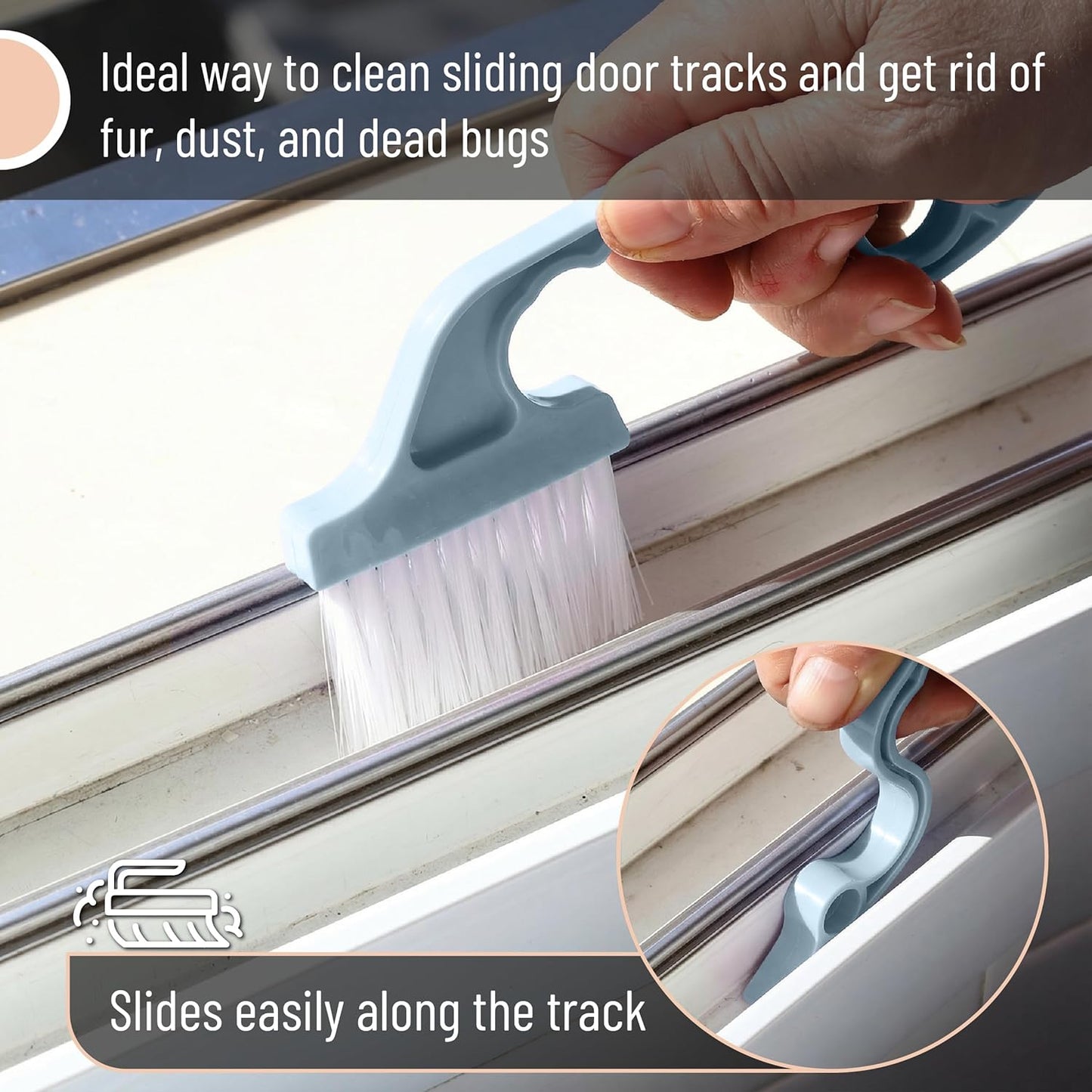 Slick- Window Track Cleaning Brush, 2 Pack, Blue Ergonomic Handle, Built-in Scraper, Multipurpose, Window Track Cleaning Tools