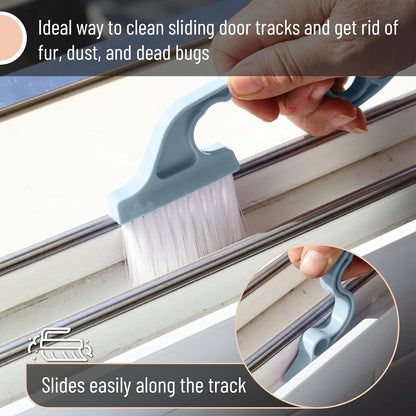 Slick- Window Track Cleaning Brush, 2 Pack, Blue Ergonomic Handle, Built-in Scraper, Multipurpose, Window Track Cleaning Tools