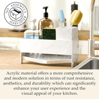 TIDIIABODE Sponge Holder for Kitchen Sink - White Marble Acrylic Sink Caddy with Brush Slot, Countertop Soap Organizer for Modern Kitchen, Self-Draining Storage Rack, 9.2" Large Capacity