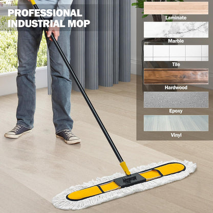 NEWE 24” Commercial Dust Mop, Large Dry Dust Push Broom Indoor, Wide Floor Duster for Laminate, with 2 pcs Microfiber Pads, Hardwood, Tile, Marble (Yellow)